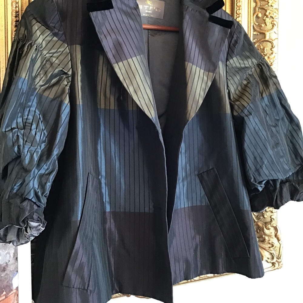 ETRO Striped Shiny Velvet Trim Puff Sleeve Buttoned Front Jacket - Picture 2 of 6